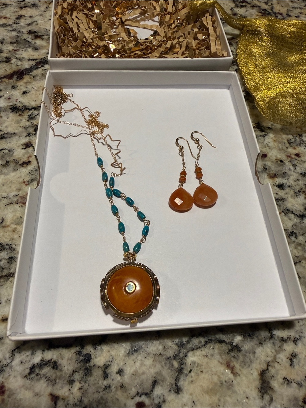 Gold-Tone Orange Stone Pendant Necklace & Earrings Set - Unbranded
